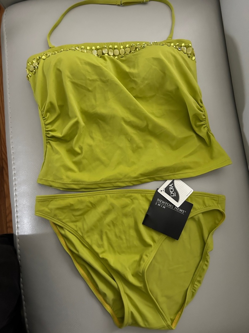 Newport News NWT Chartreuse Two-Piece Swim Set with Embellished Top